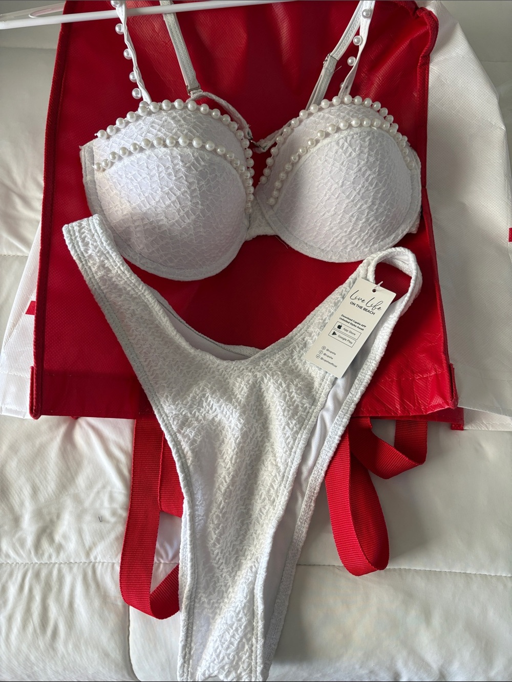 Cupshe White Pearl-Trim Lace Bikini Set